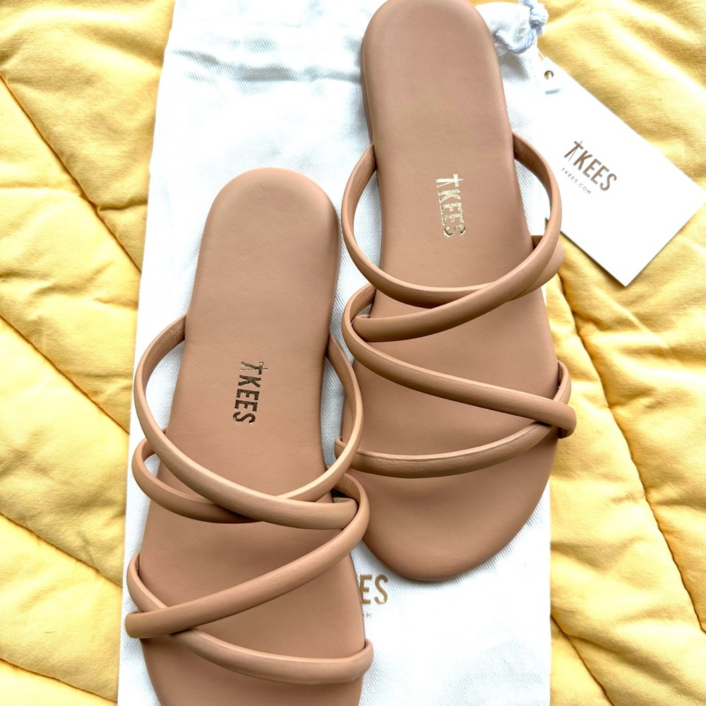 TKEES Tan Slide Sandals with Criss-Cross Straps